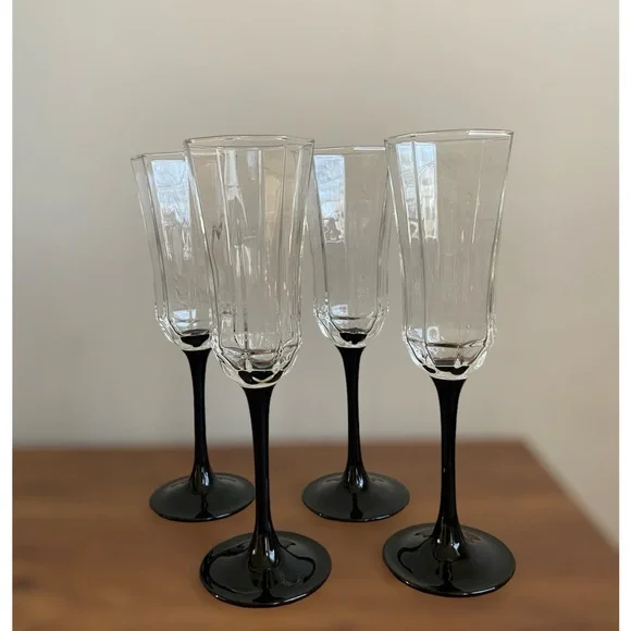 Luminarc | Dining | Set Of 4 Luminarc France Cristal Black Stem Flutes  Champagnewine Glasses | Poshmark